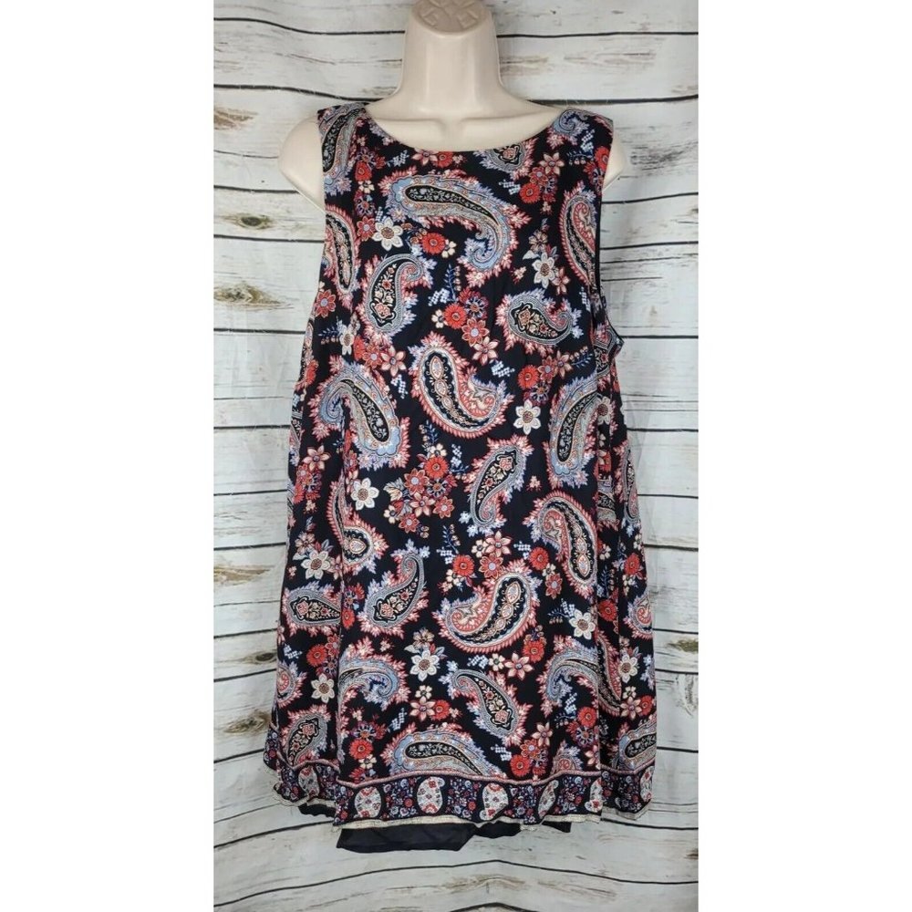 J Jill Black Paisley Tunic Top L Sleeveless A-line Layered Rayon Split Back